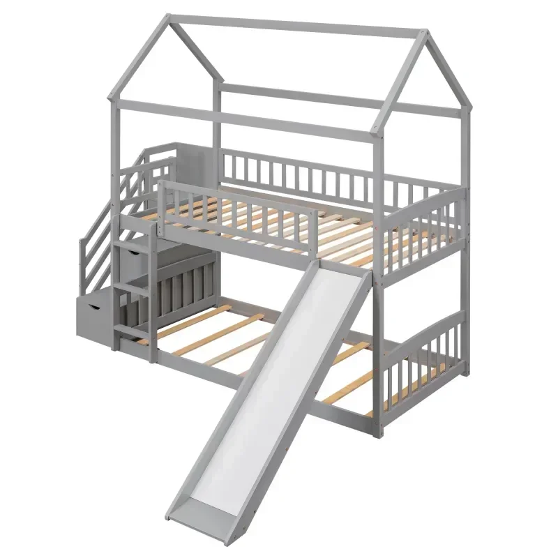 Solid wood children's double b - Bunk Bed With Stairs And Slide ulasan dan harga