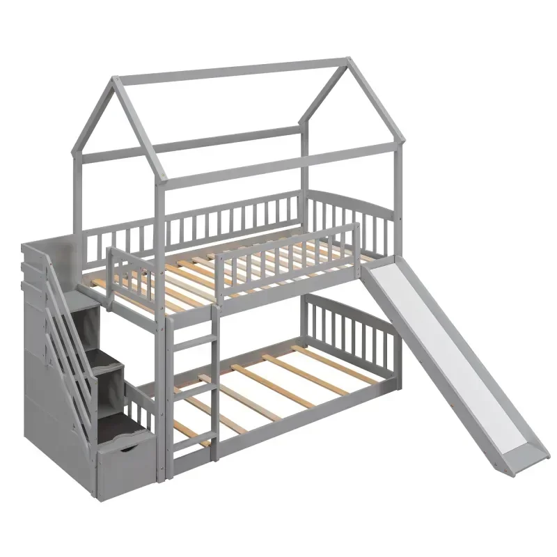 Solid wood children's double b - Bunk Bed With Stairs And Slide ulasan dan harga