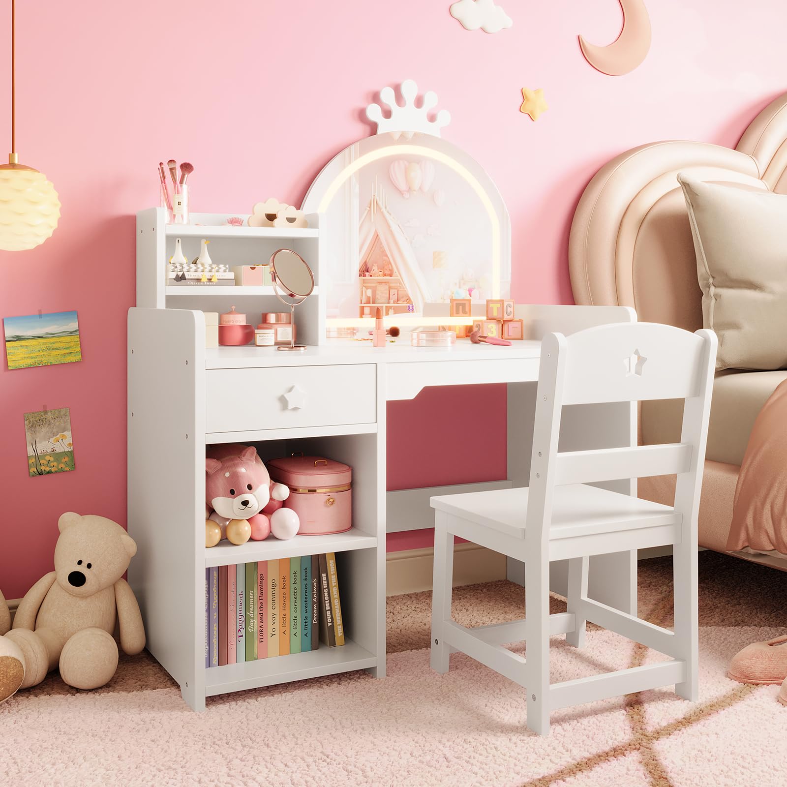Kids Vanity Table & Chair Set  - Dressing Table Vanity With Lighted Mirror ulasan dan harga