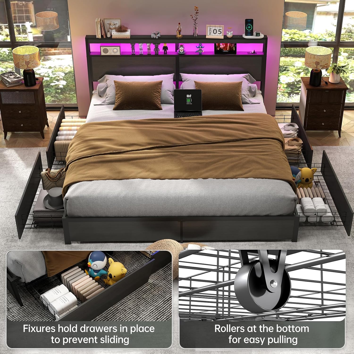 King Size Bed Frame with LED L - King Size Bed Frame With Storage Drawers ulasan dan harga