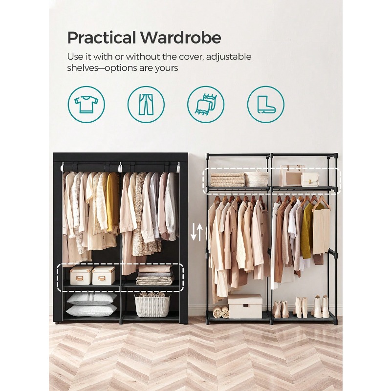 Black Closet Wardrobe, Portabl - Wardrobe Closet Portable Fabric Cover ulasan dan harga