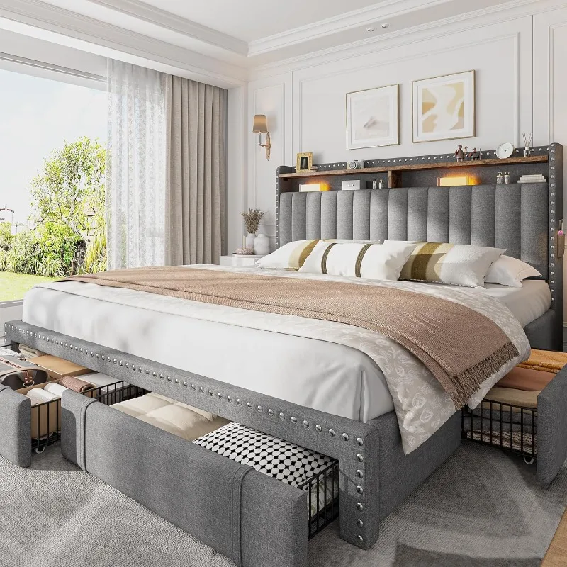 EnHomee Upholstered King Size  - King Size Bed Frame With Storage Drawers ulasan dan harga