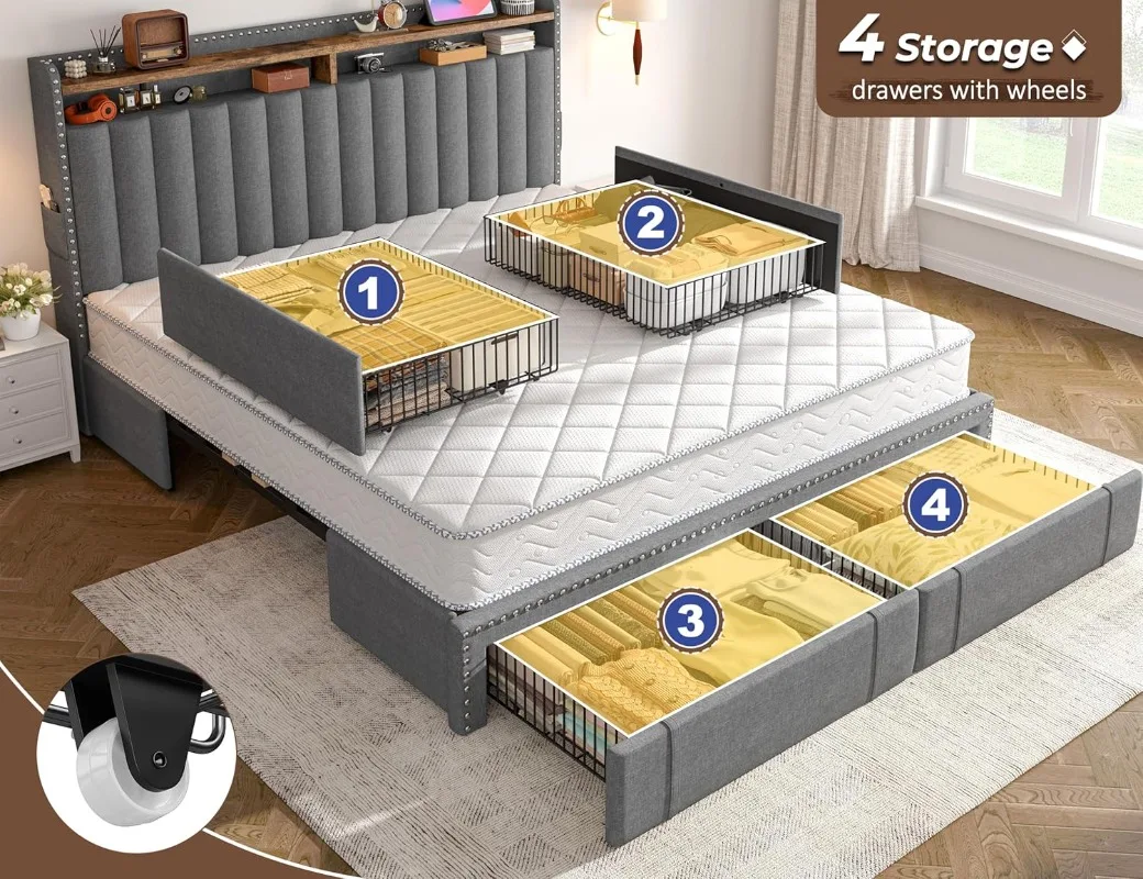 EnHomee Upholstered King Size  - King Size Bed Frame With Storage Drawers ulasan dan harga