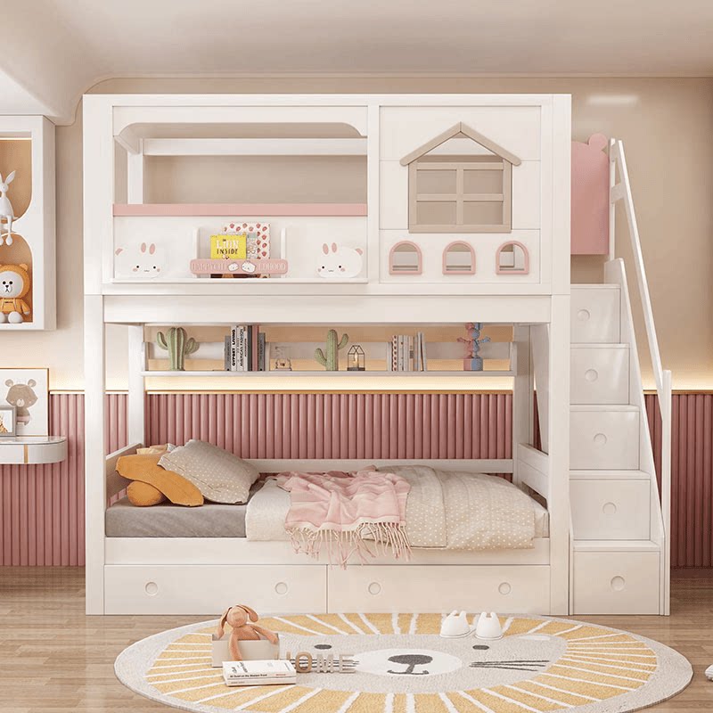 Modern Pink Solid Wood Kids Bu - Bunk Bed With Stairs And Slide ulasan dan harga