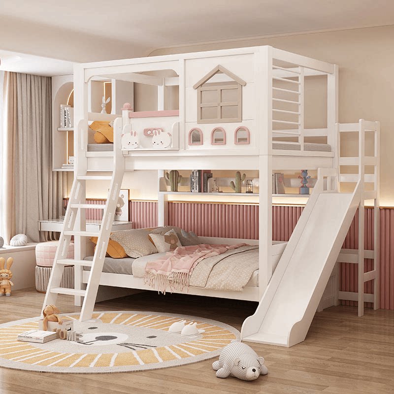 Modern Pink Solid Wood Kids Bu - Bunk Bed With Stairs And Slide ulasan dan harga